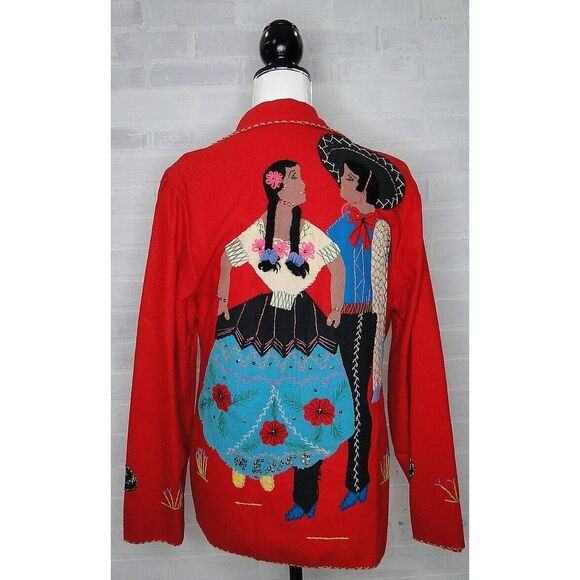 Pura Lopez Jackets & Blazers - Vintage 40s jacket Wool Medium LOPEZ  MEXICO Embellished FELT Couple On Back Red